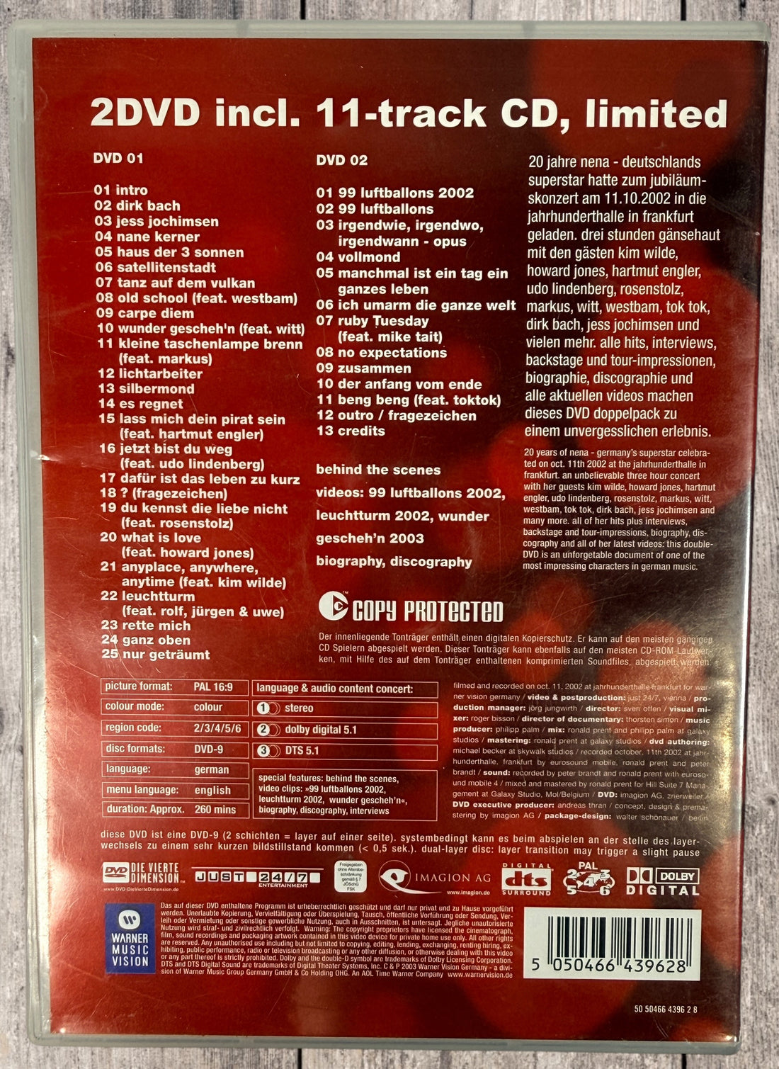 Nena Feat. Nena Live 2DVD + Bonus CD 2002 concert edition with 99 Luftballons, Dolby 5.1 surround sound, anniversary show Frankfurt.