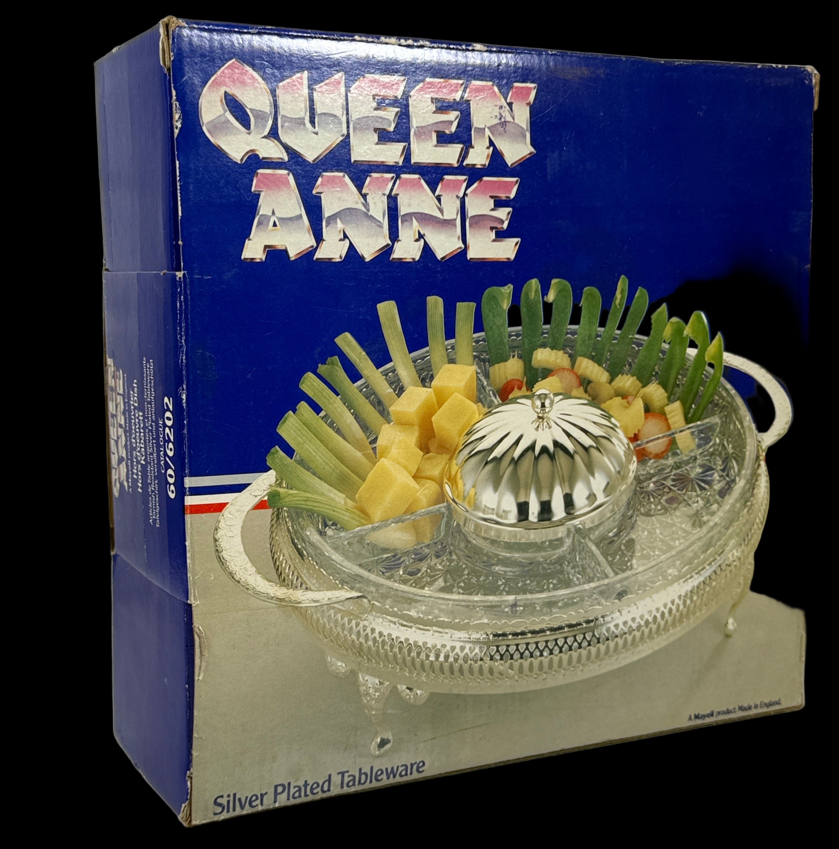 Présentoir à hors-d'œuvre plaqué argent Mayell « Queen Anne » avec plat en verre divisé