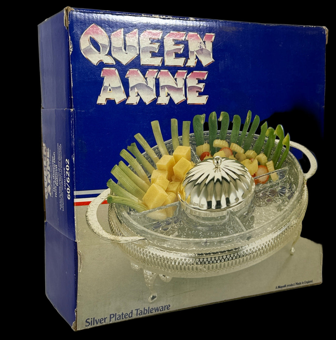 Présentoir à hors-d'œuvre plaqué argent Mayell « Queen Anne » avec plat en verre divisé