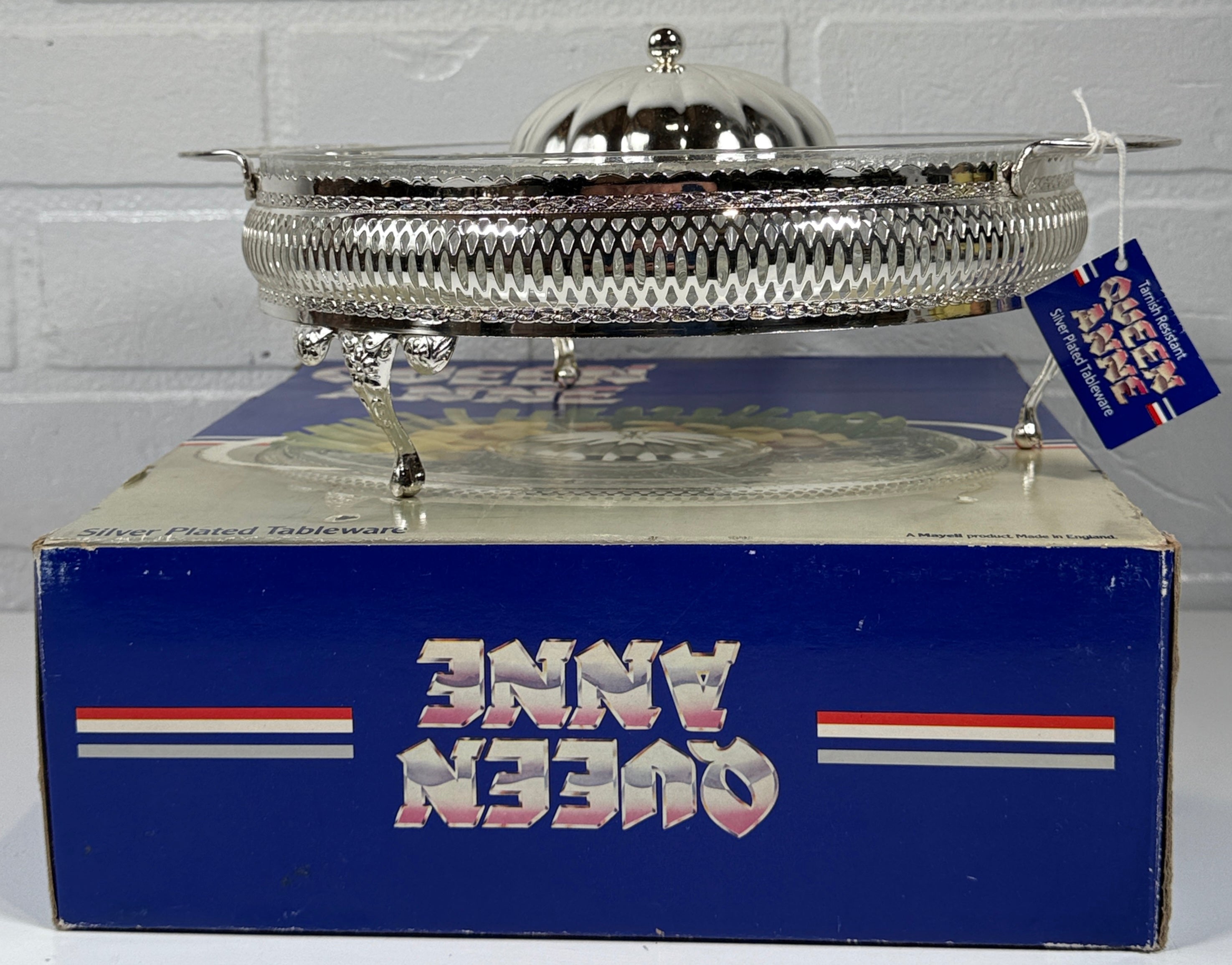 Présentoir à hors-d'œuvre plaqué argent Mayell « Queen Anne » avec plat en verre divisé