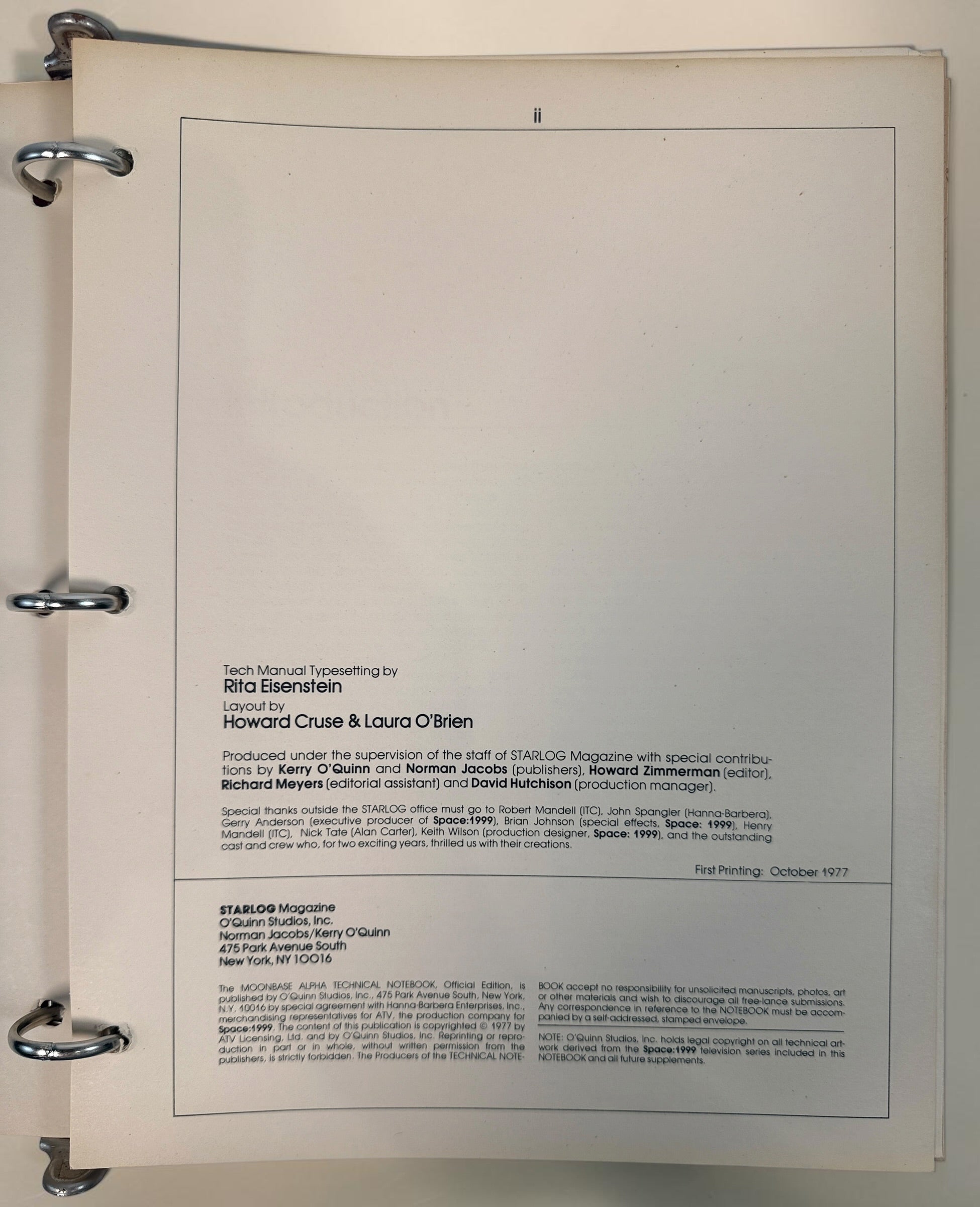 1977 Space: 1999 Moonbase Alpha Technical Notebook, first printing by Starlog. Illustrated vintage reference in red binder. See condition and completeness notes.