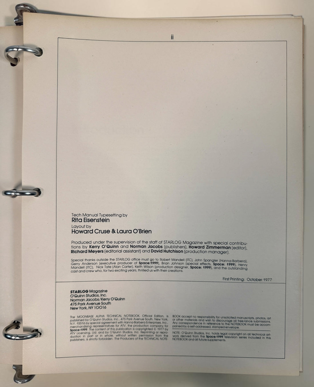 1977 Space: 1999 Moonbase Alpha Technical Notebook, first printing by Starlog. Illustrated vintage reference in red binder. See condition and completeness notes.