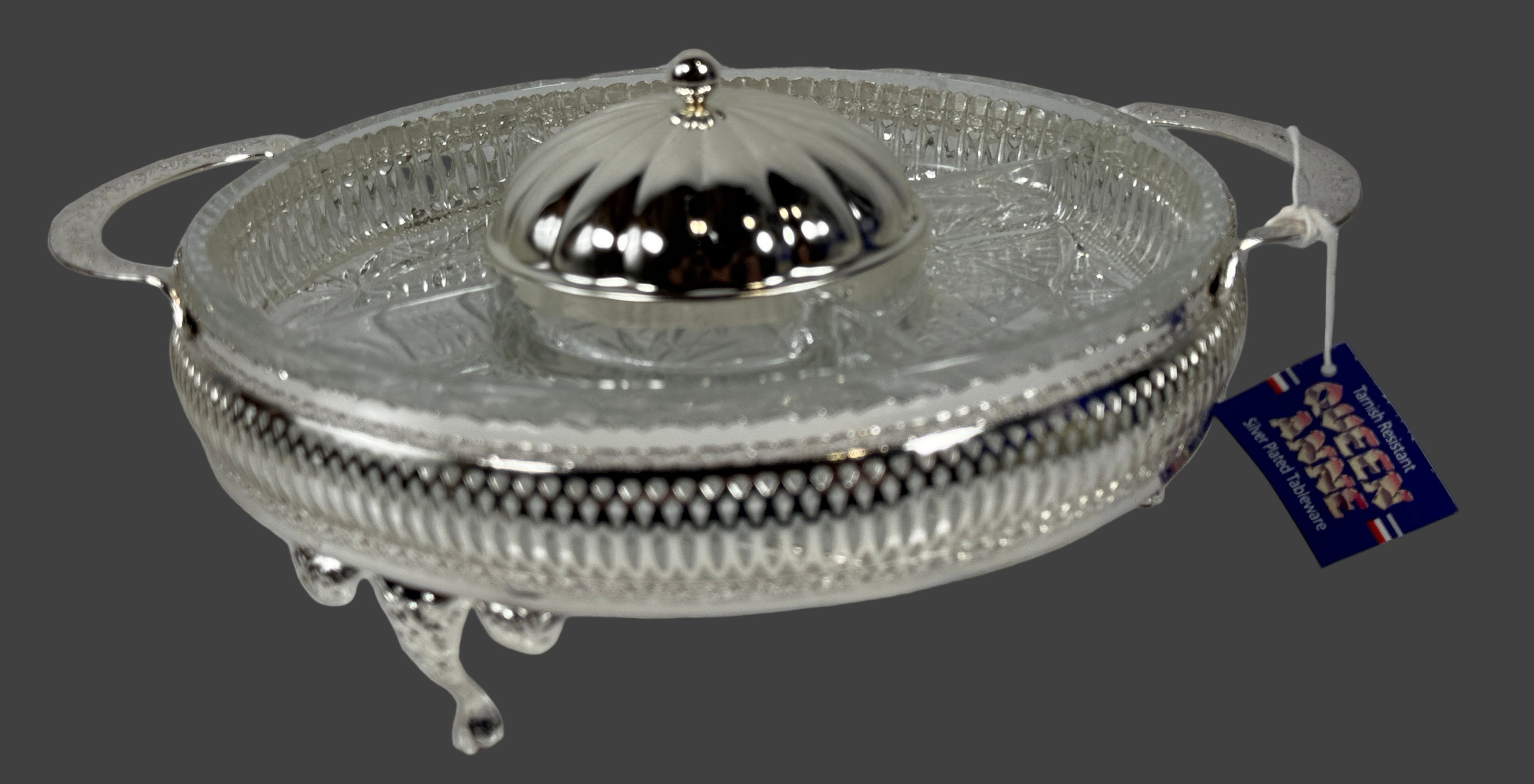 Présentoir à hors-d'œuvre plaqué argent Mayell « Queen Anne » avec plat en verre divisé