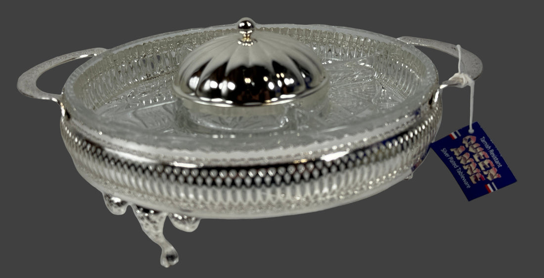 Présentoir à hors-d'œuvre plaqué argent Mayell « Queen Anne » avec plat en verre divisé