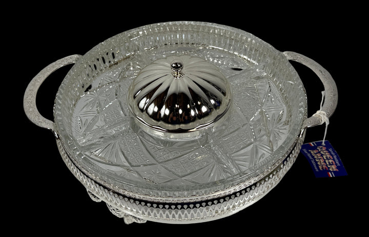Mayell “Queen Anne” Silver Plated Hors D’Oeuvres Stand w/Glass Divided Dish