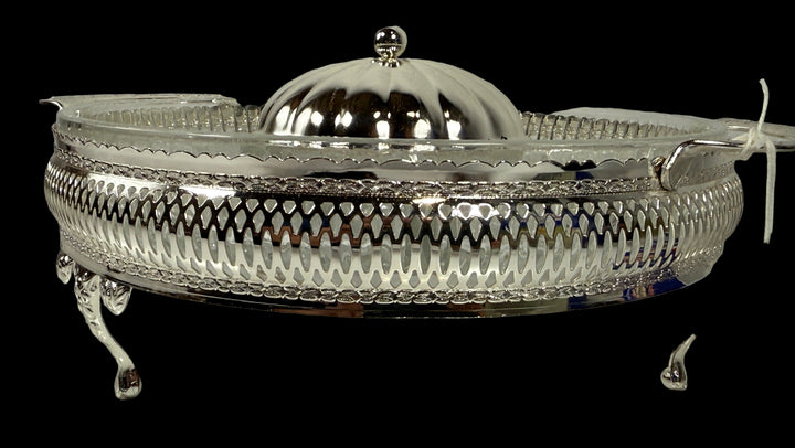Mayell “Queen Anne” Silver Plated Hors D’Oeuvres Stand w/Glass Divided Dish