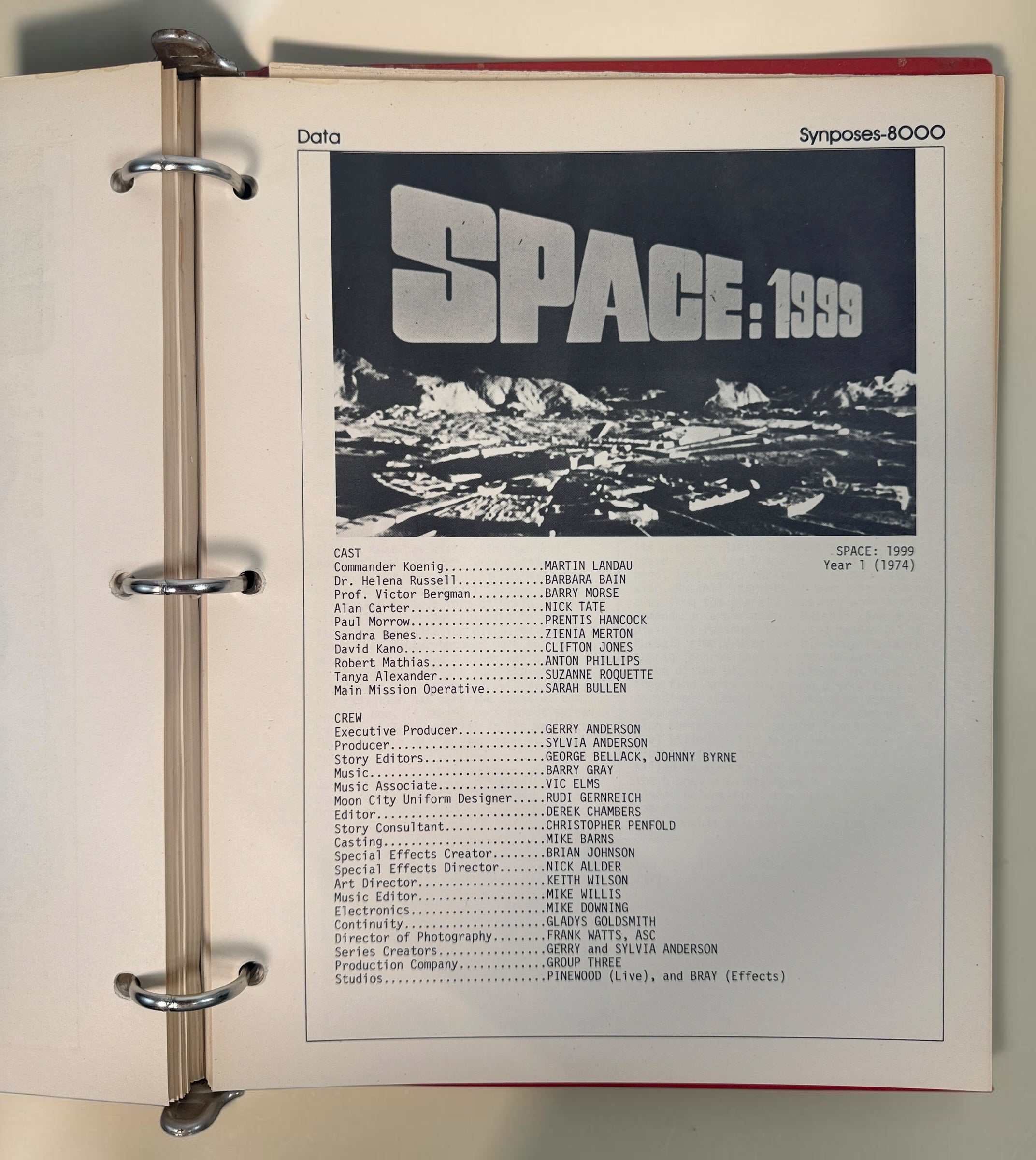 1977 Space: 1999 Moonbase Alpha Technical Notebook, first printing by Starlog. Illustrated vintage reference in red binder. See condition and completeness notes.