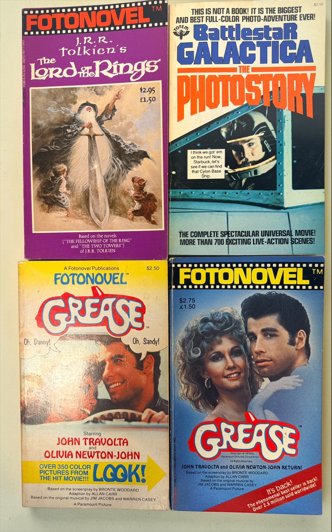 Vintage 1978–79 Fotonovel lot with Lord of the Rings, Battlestar Galactica and two Grease editions. Four collectible movie photobooks.