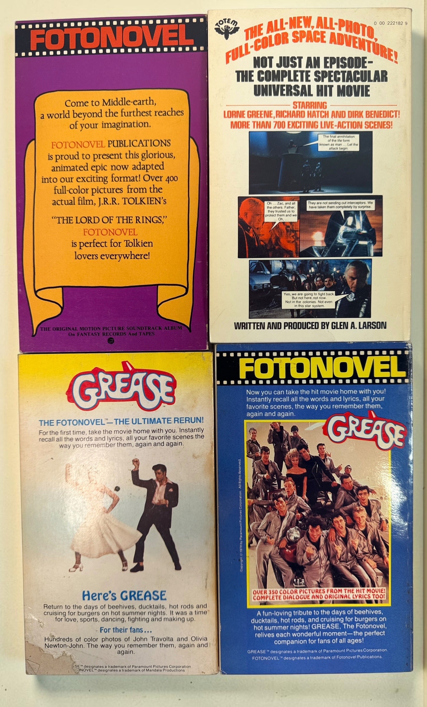 Vintage 1978–79 Fotonovel lot with Lord of the Rings, Battlestar Galactica and two Grease editions. Four collectible movie photobooks.