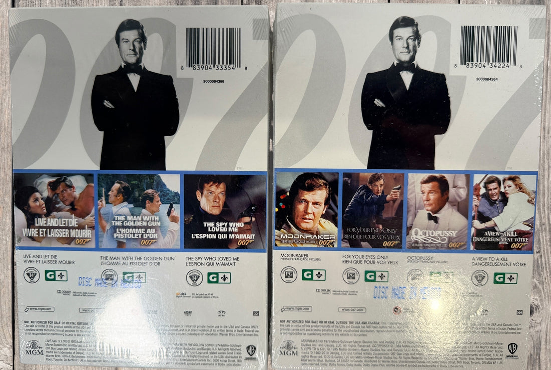 Sealed Roger Moore James Bond DVD collection Vol 1 and 2 including seven classic 007 films. MGM release with English and French versions. Collector set.