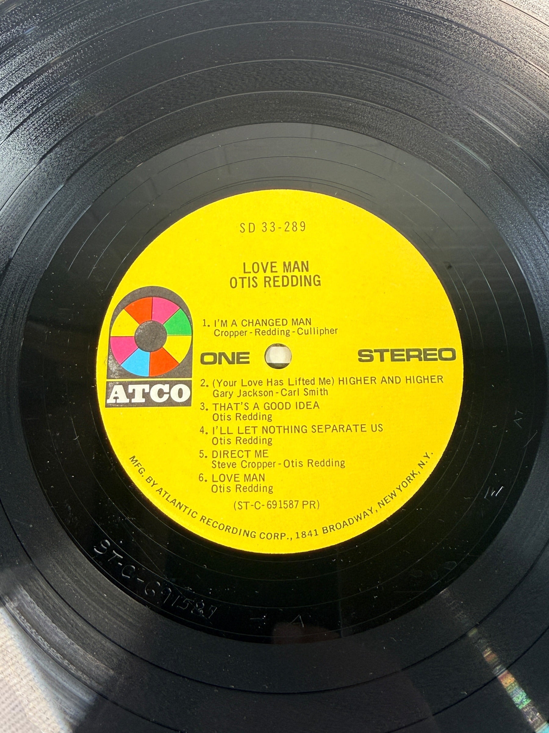 Original 1969 Otis Redding Love Man vinyl LP, ATCO SD 33-289. Vintage US Presswell stereo pressing with yellow ATCO labels and gatefold cover.