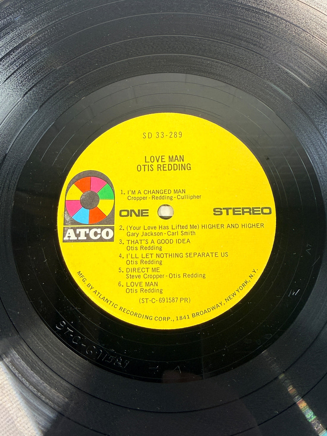 Original 1969 Otis Redding Love Man vinyl LP, ATCO SD 33-289. Vintage US Presswell stereo pressing with yellow ATCO labels and gatefold cover.