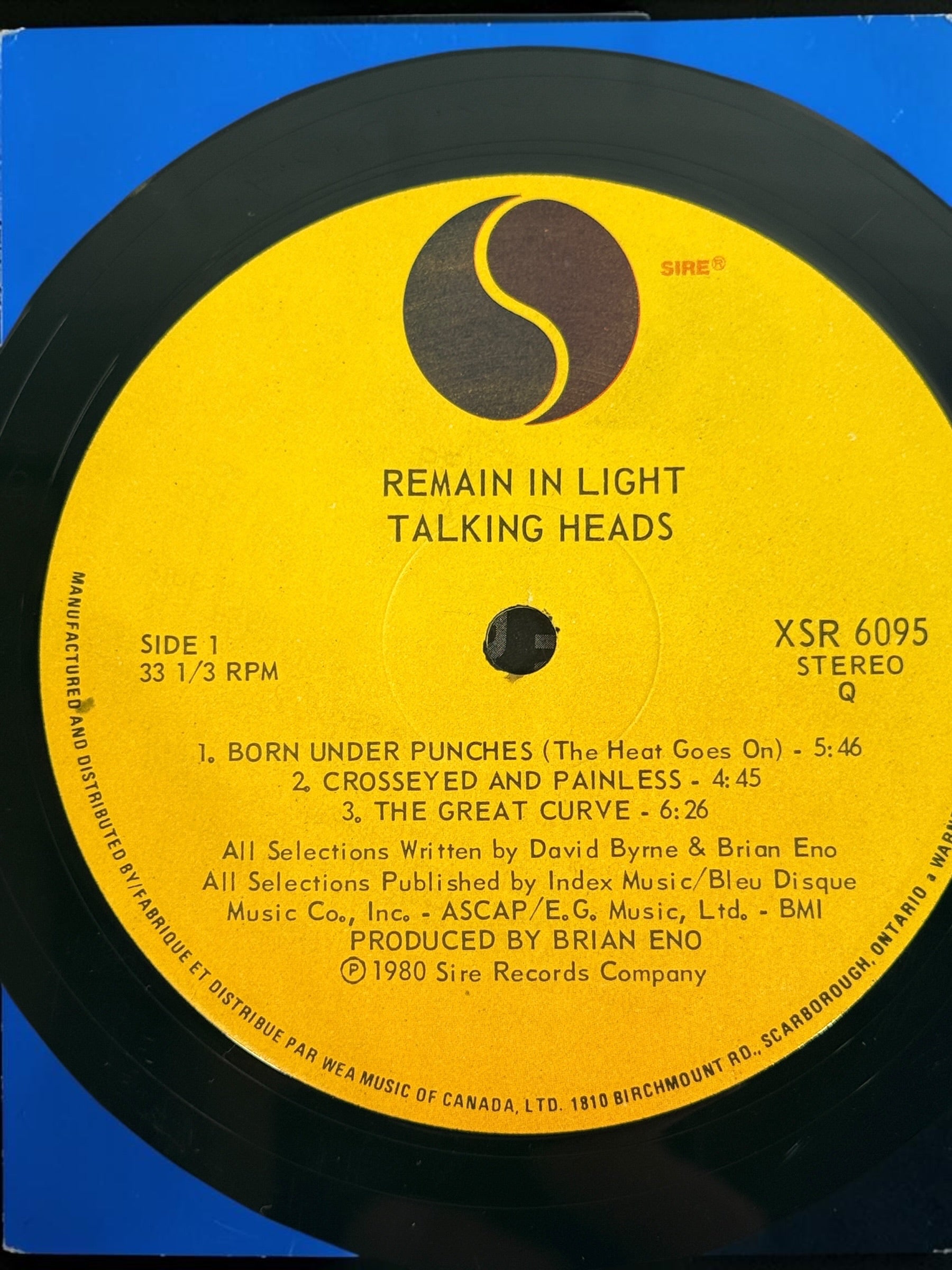 1980 Talking Heads Remain in Light Canadian vinyl LP XSR 6095 on Sire Records with original illustrated inner sleeve and lyric insert.