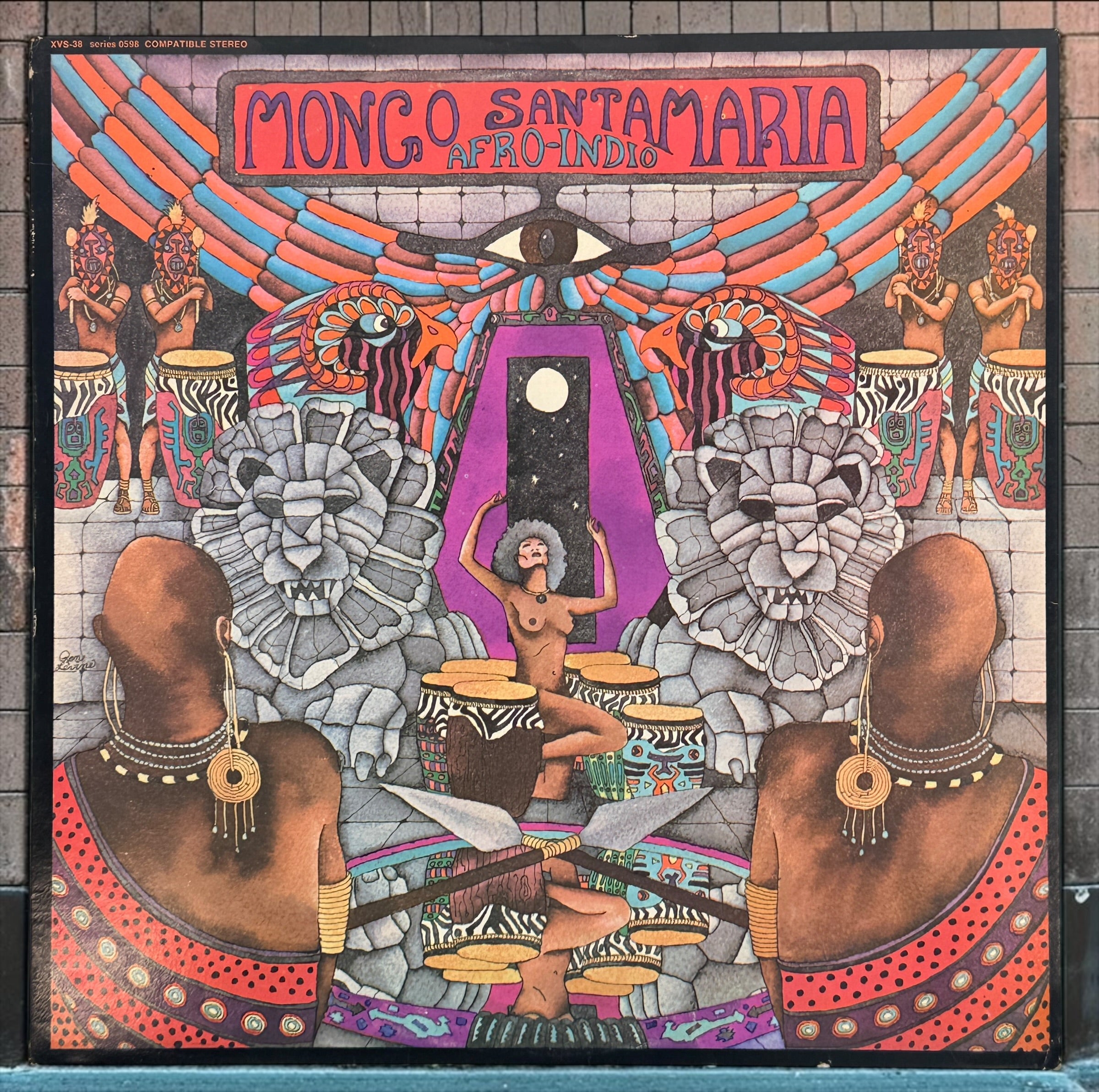 1975 Mongo Santamaria Afro-Indio vinyl LP on Vaya Records VS-38, distributed by Fania. Vintage Latin jazz and Afro-Cuban funk record.