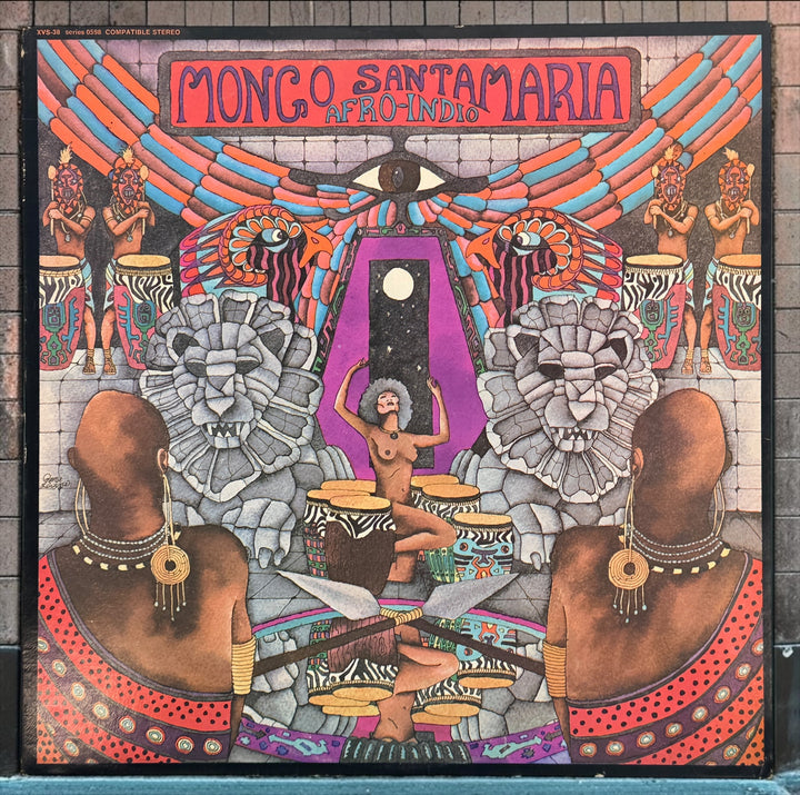 1975 Mongo Santamaria Afro-Indio vinyl LP on Vaya Records VS-38, distributed by Fania. Vintage Latin jazz and Afro-Cuban funk record.
