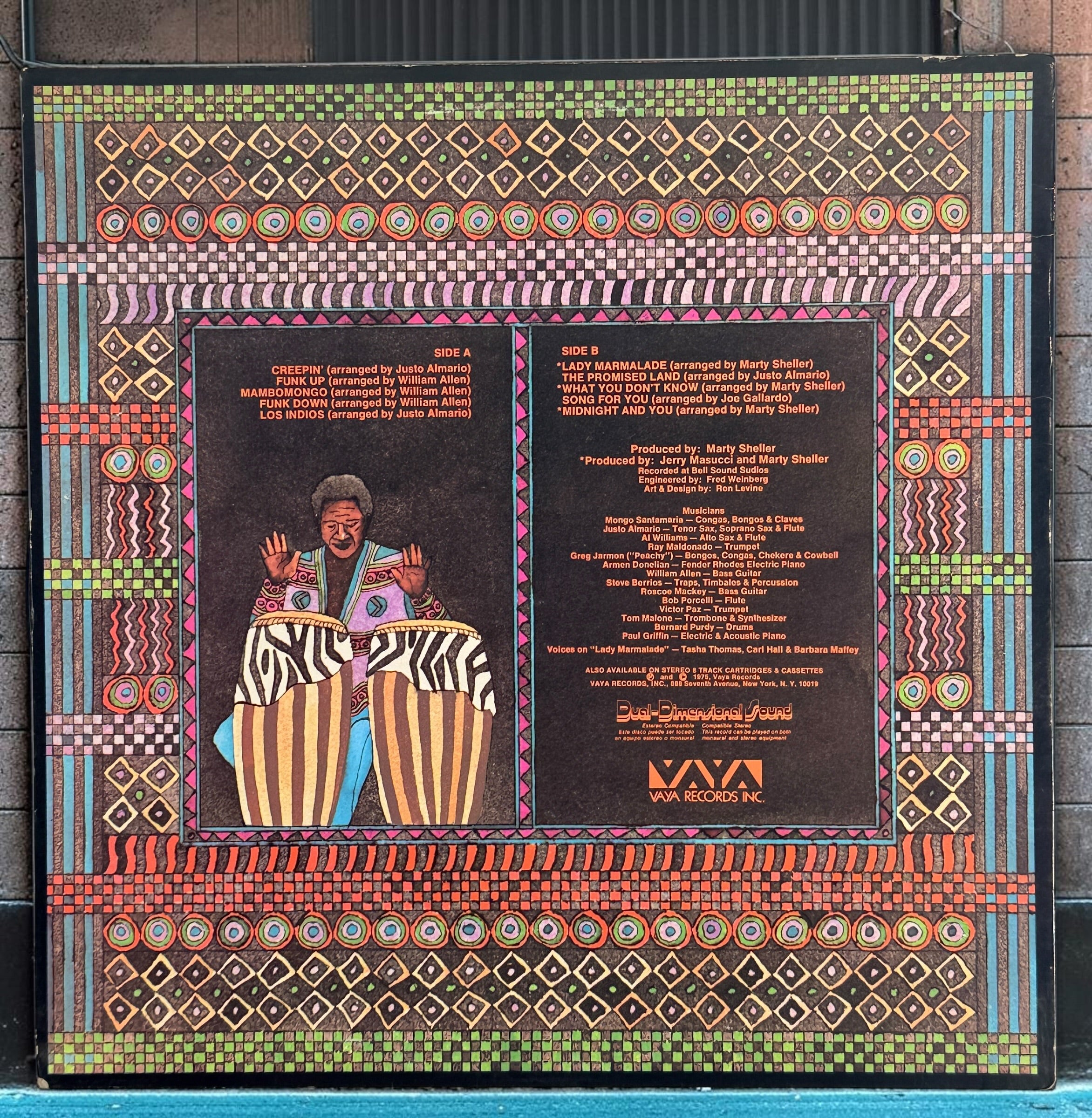 1975 Mongo Santamaria Afro-Indio vinyl LP on Vaya Records VS-38, distributed by Fania. Vintage Latin jazz and Afro-Cuban funk record.