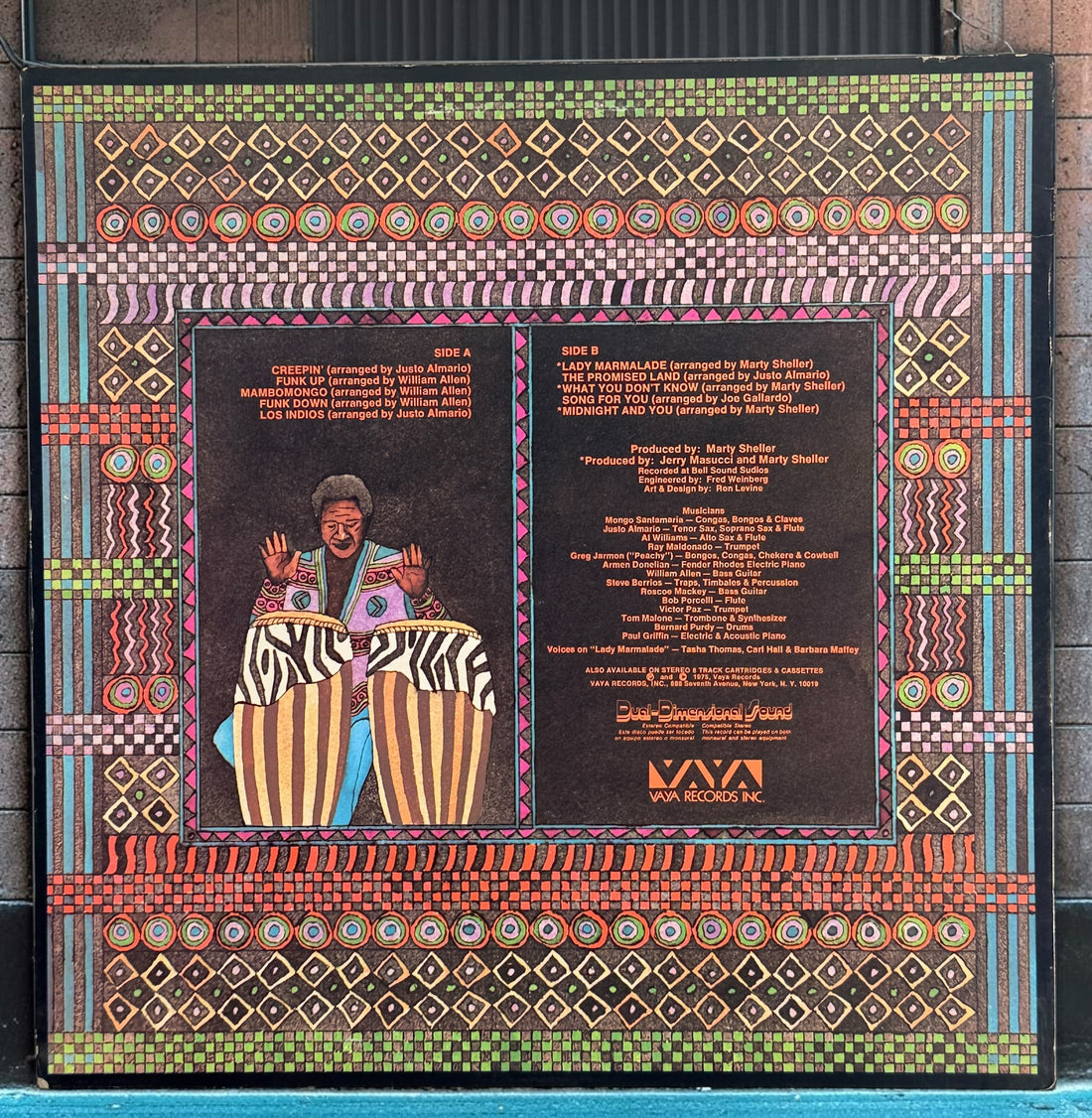 1975 Mongo Santamaria Afro-Indio vinyl LP on Vaya Records VS-38, distributed by Fania. Vintage Latin jazz and Afro-Cuban funk record.
