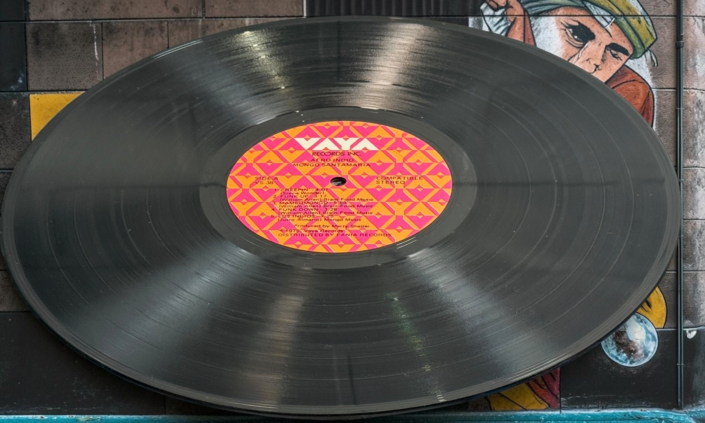 1975 Mongo Santamaria Afro-Indio vinyl LP on Vaya Records VS-38, distributed by Fania. Vintage Latin jazz and Afro-Cuban funk record.