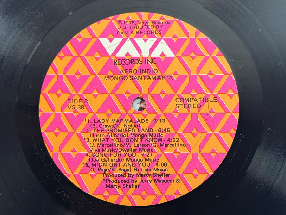 1975 Mongo Santamaria Afro-Indio vinyl LP on Vaya Records VS-38, distributed by Fania. Vintage Latin jazz and Afro-Cuban funk record.