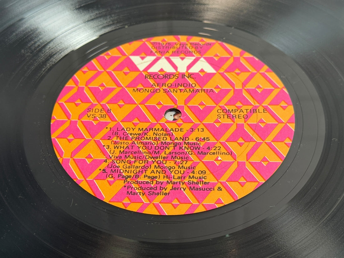 1975 Mongo Santamaria Afro-Indio vinyl LP on Vaya Records VS-38, distributed by Fania. Vintage Latin jazz and Afro-Cuban funk record.