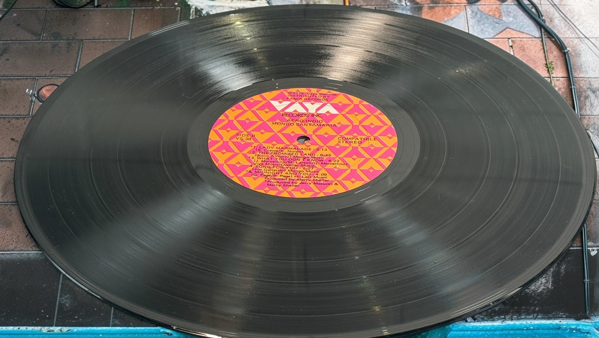 1975 Mongo Santamaria Afro-Indio vinyl LP on Vaya Records VS-38, distributed by Fania. Vintage Latin jazz and Afro-Cuban funk record.