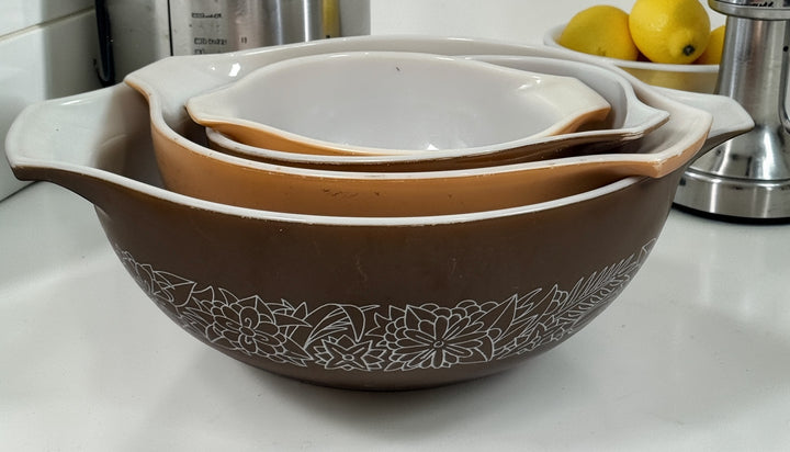 Vintage Pyrex Woodland nesting bowl set USA, complete 441-444 Cinderella bowls, brown floral milk glass, classic collectible kitchenware in great condition