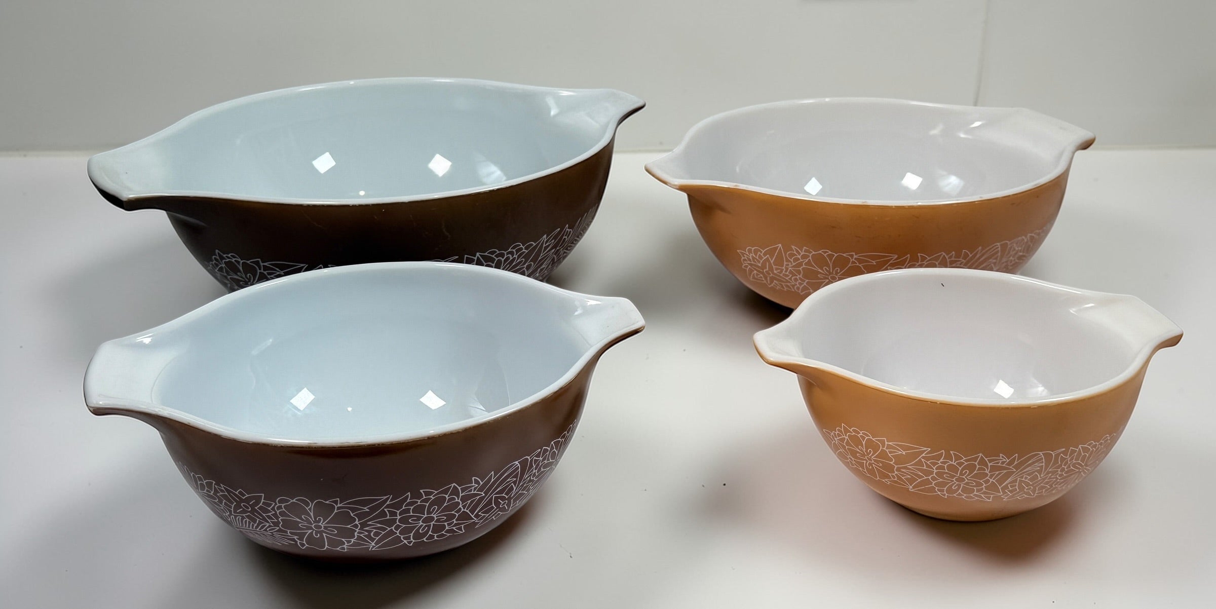 Vintage Pyrex Woodland nesting bowl set USA, complete 441-444 Cinderella bowls, brown floral milk glass, classic collectible kitchenware in great condition