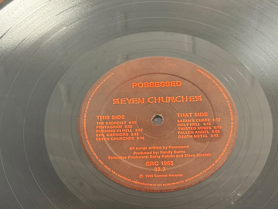 1985 Possessed Seven Churches vinyl LP on Banzai Records BRC 1965. Original Canadian pressing of the landmark death/thrash metal album.