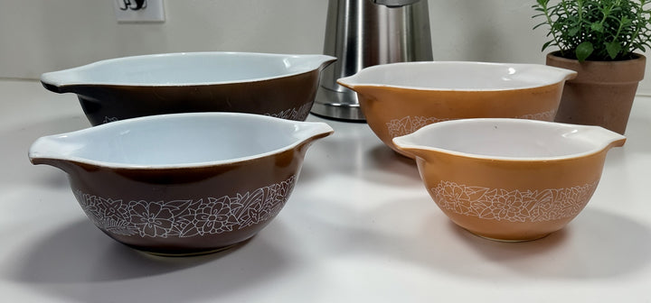 Vintage Pyrex Woodland nesting bowl set USA, complete 441-444 Cinderella bowls, brown floral milk glass, classic collectible kitchenware in great condition