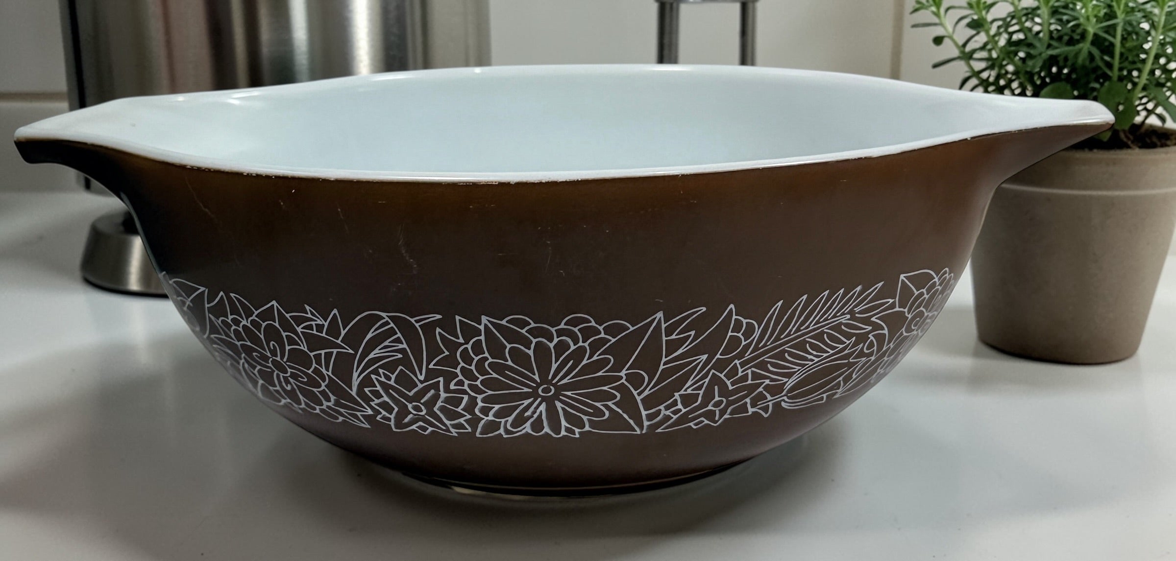 Vintage Pyrex Woodland nesting bowl set USA, complete 441-444 Cinderella bowls, brown floral milk glass, classic collectible kitchenware in great condition