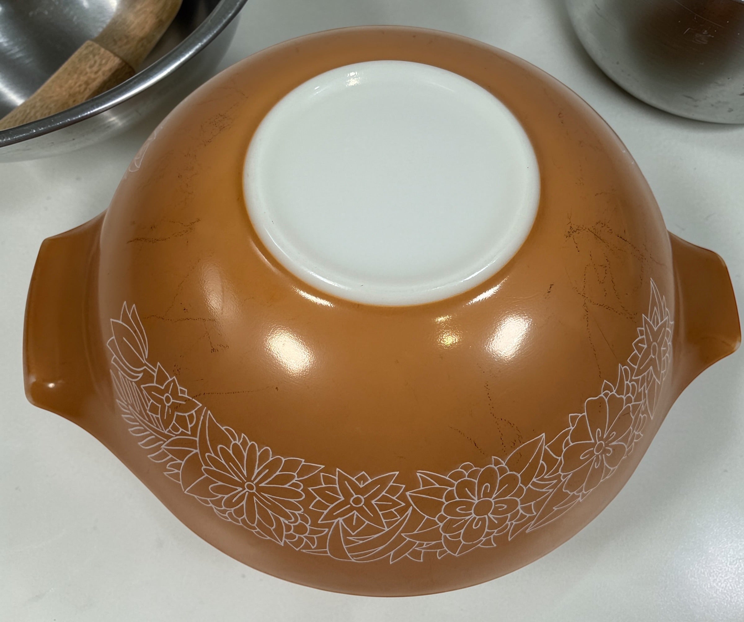 Vintage Pyrex Woodland nesting bowl set USA, complete 441-444 Cinderella bowls, brown floral milk glass, classic collectible kitchenware in great condition
