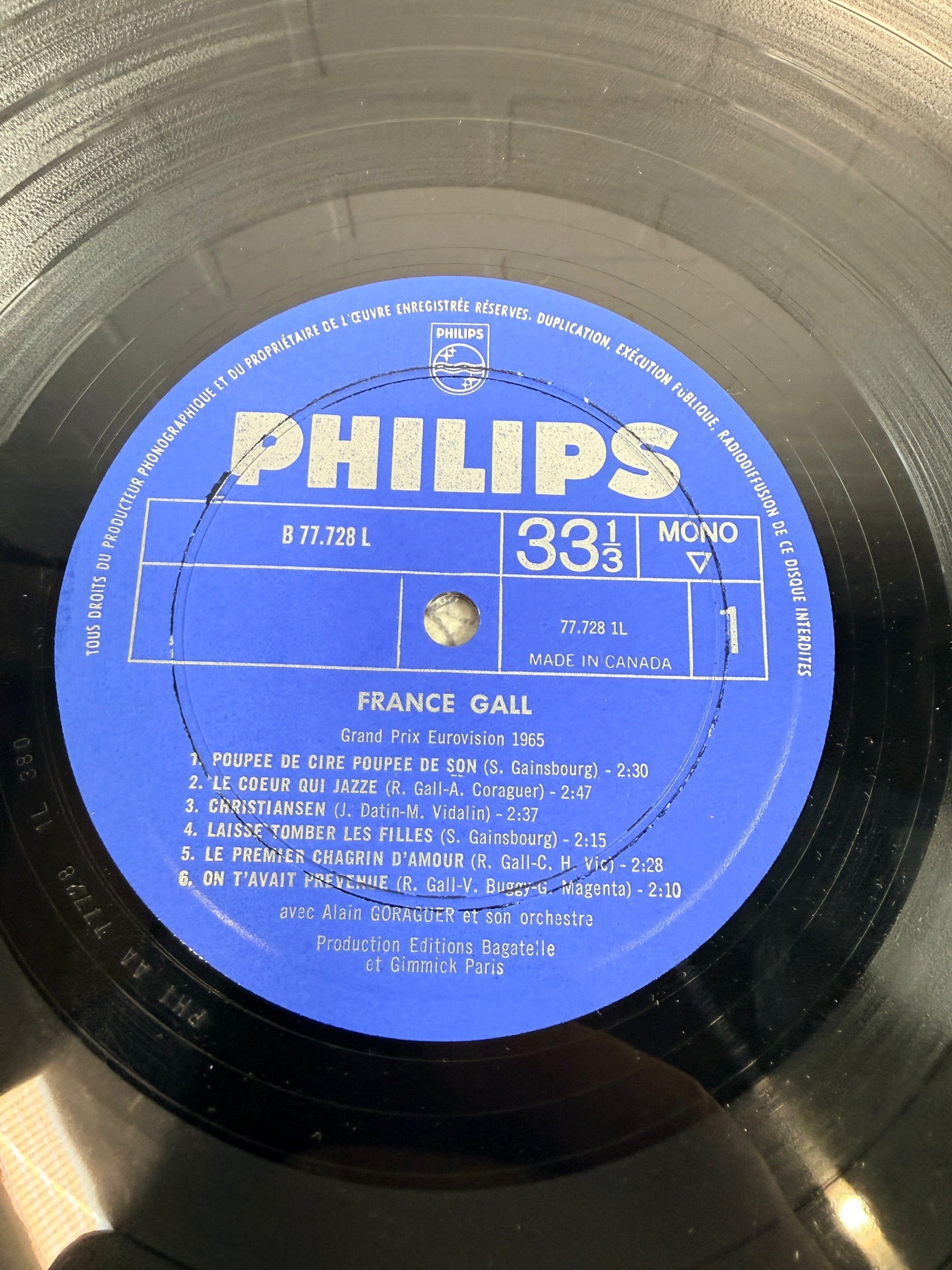 1965 France Gall Poupée de Cire LP, Canadian Philips mono pressing B 77.728 L featuring the Serge Gainsbourg classics Poupée de cire and Laisse tomber les filles.