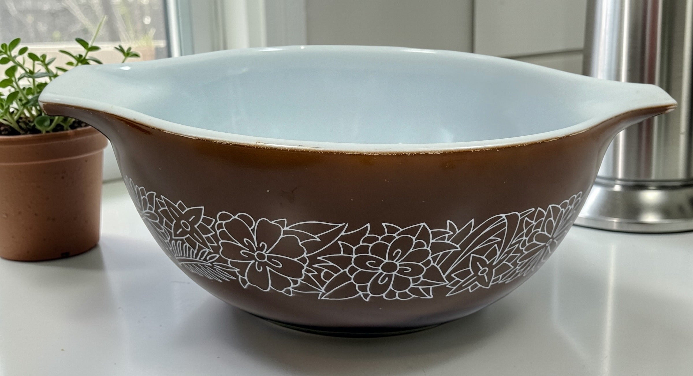 Vintage Pyrex Woodland nesting bowl set USA, complete 441-444 Cinderella bowls, brown floral milk glass, classic collectible kitchenware in great condition