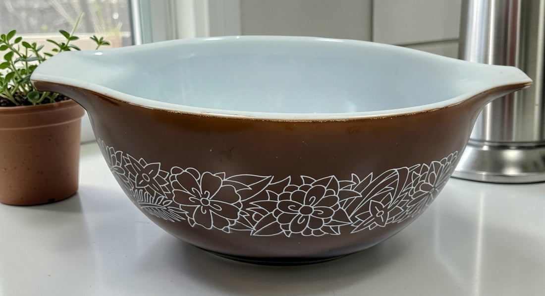 Vintage Pyrex Woodland nesting bowl set USA, complete 441-444 Cinderella bowls, brown floral milk glass, classic collectible kitchenware in great condition