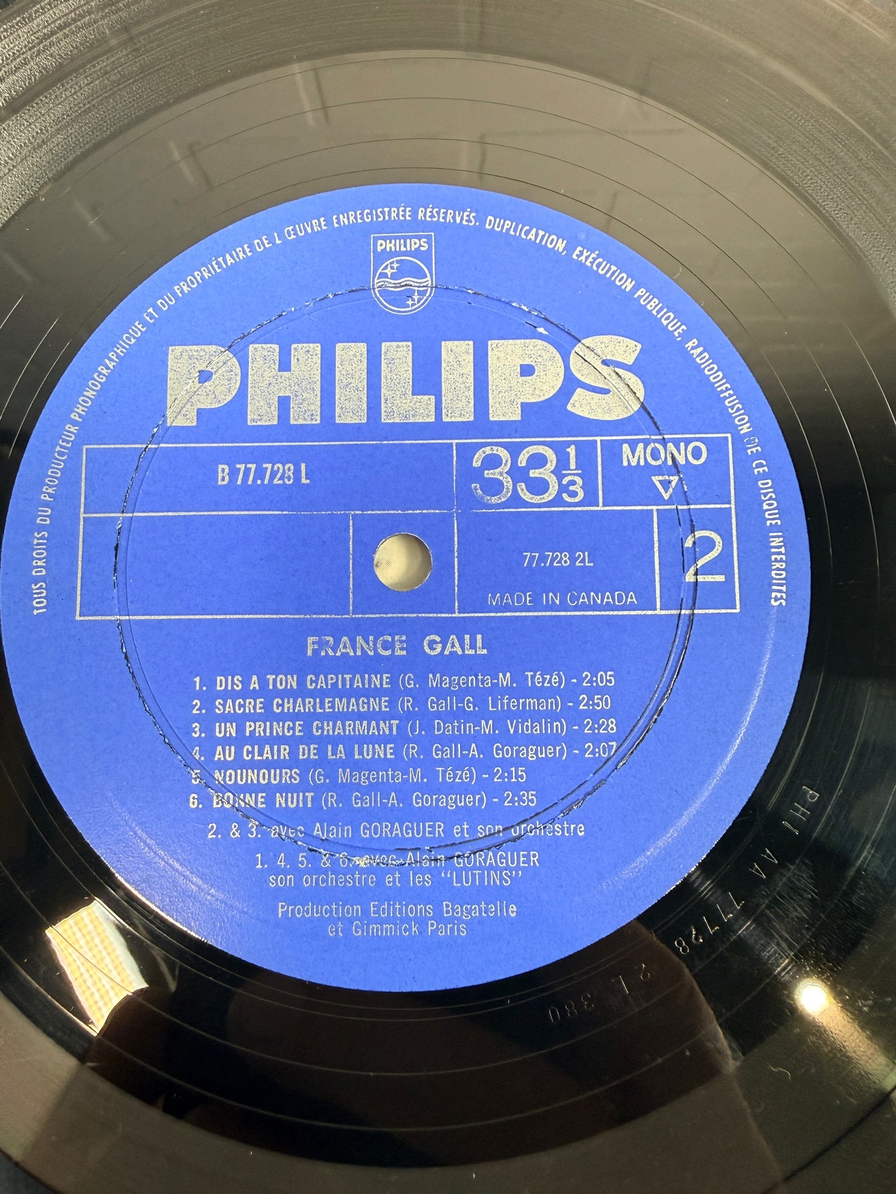 1965 France Gall Poupée de Cire LP, Canadian Philips mono pressing B 77.728 L featuring the Serge Gainsbourg classics Poupée de cire and Laisse tomber les filles.