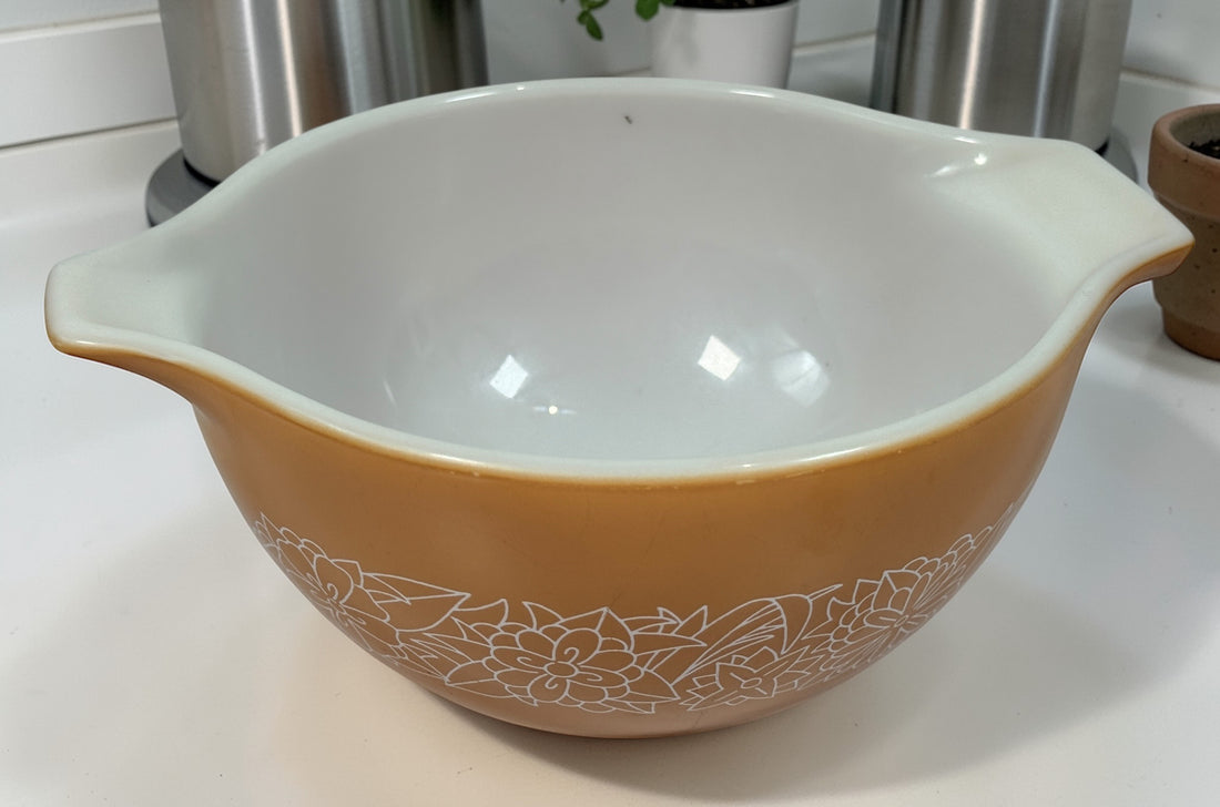 Vintage Pyrex Woodland nesting bowl set USA, complete 441-444 Cinderella bowls, brown floral milk glass, classic collectible kitchenware in great condition