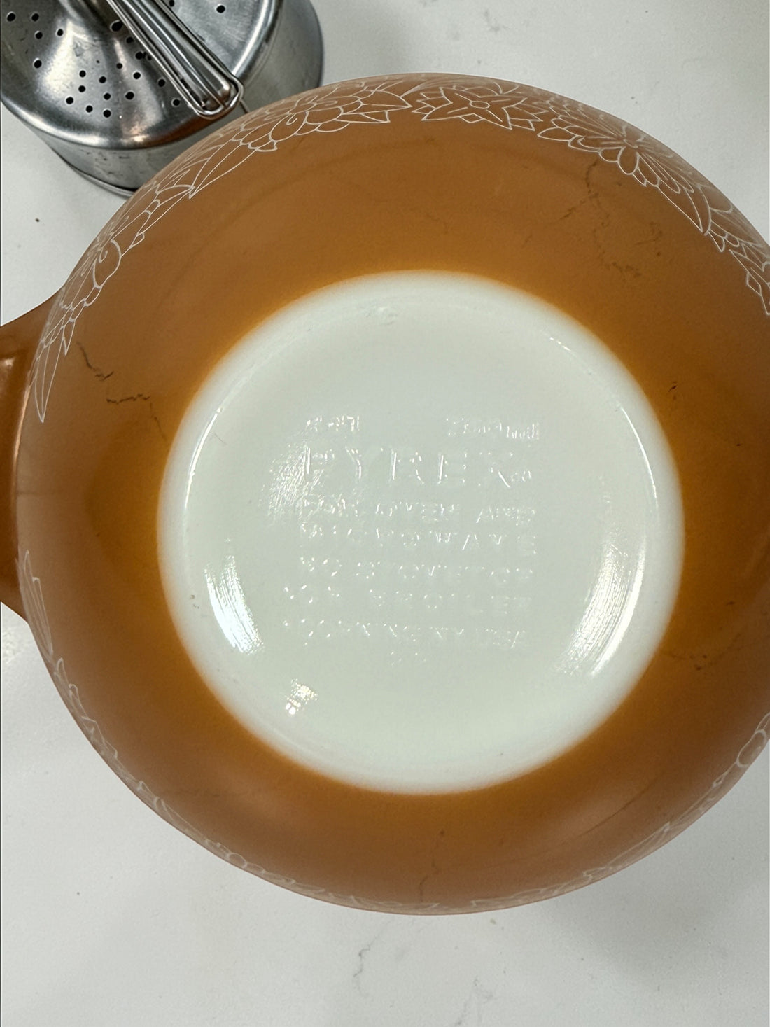 Vintage Pyrex Woodland nesting bowl set USA, complete 441-444 Cinderella bowls, brown floral milk glass, classic collectible kitchenware in great condition