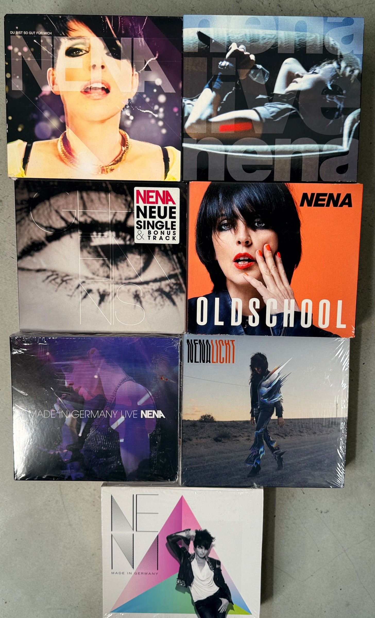 Bundle of 7 Nena CDs including Oldschool, Licht and Made in Germany Live. German pop collection featuring studio albums and a live recording. Great fan lot.