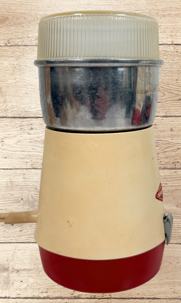 Vintage Krups Type 808 coffee grinder in cream and red. Tested working 110V model from the 1960s–70s. Classic German retro kitchen appliance.