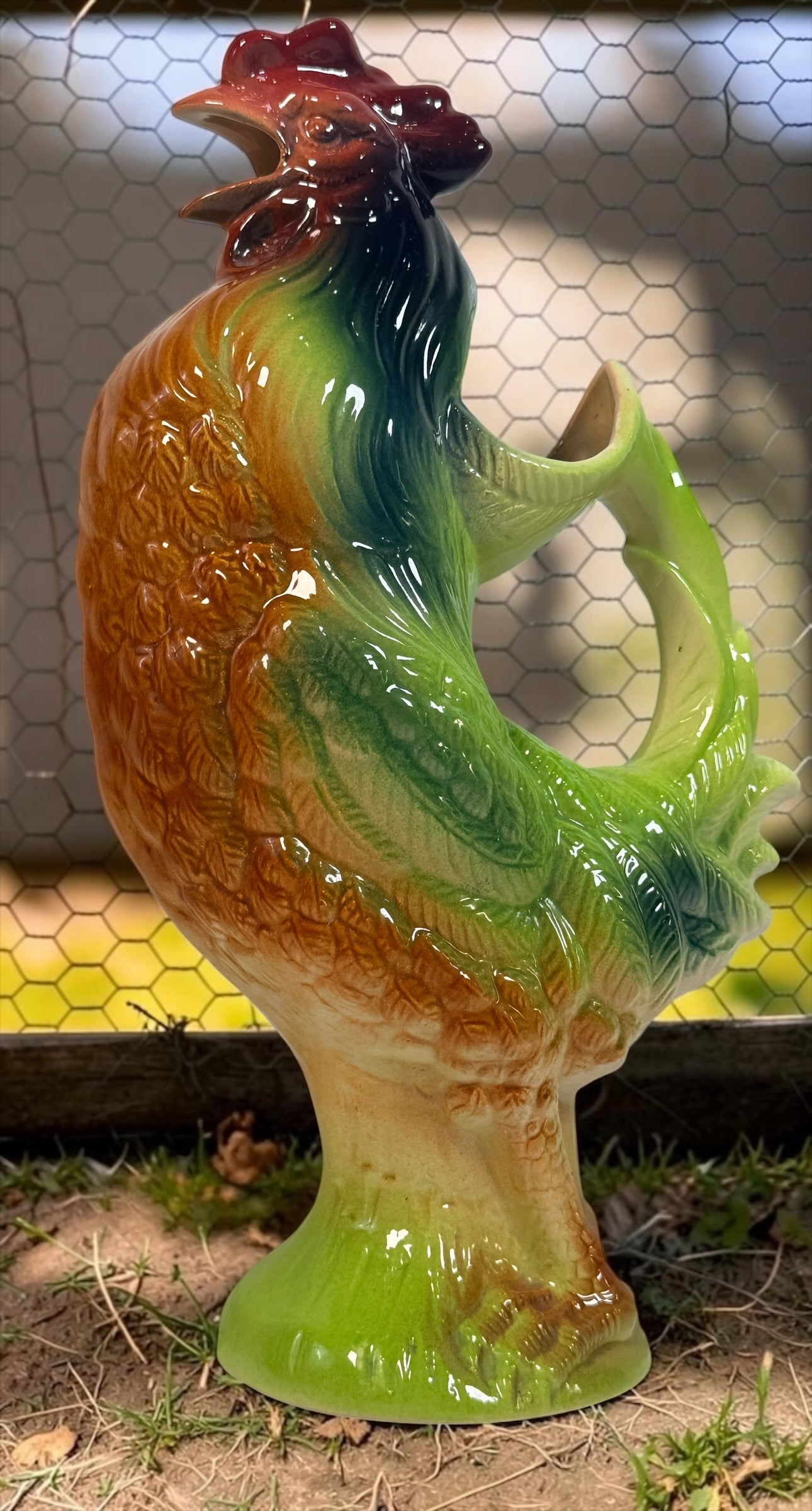 Vintage St Clément France #7516 majolica rooster pitcher, 13.5” tall. Colourful French barbotine ceramic collectible and absinthe pitcher.