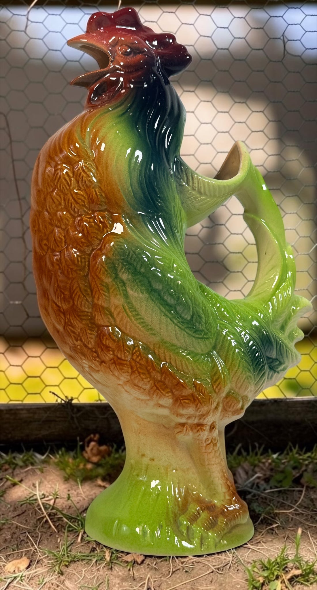 Vintage St Clément France #7516 majolica rooster pitcher, 13.5” tall. Colourful French barbotine ceramic collectible and absinthe pitcher.