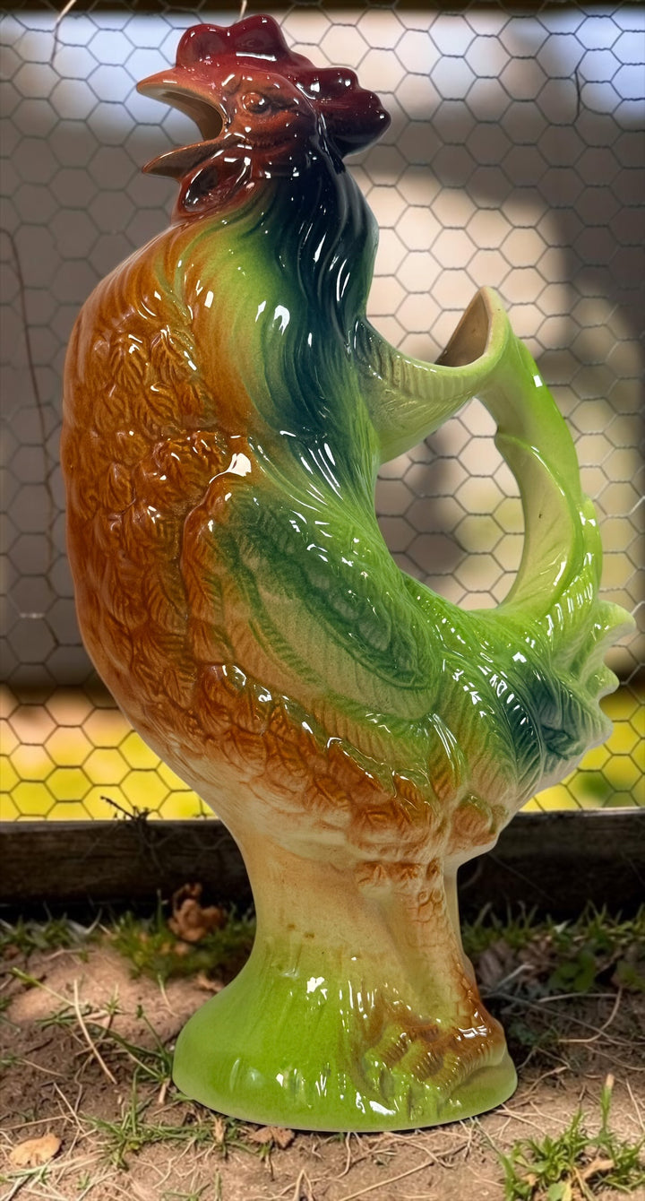 Vintage St Clément France #7516 majolica rooster pitcher, 13.5” tall. Colourful French barbotine ceramic collectible and absinthe pitcher.