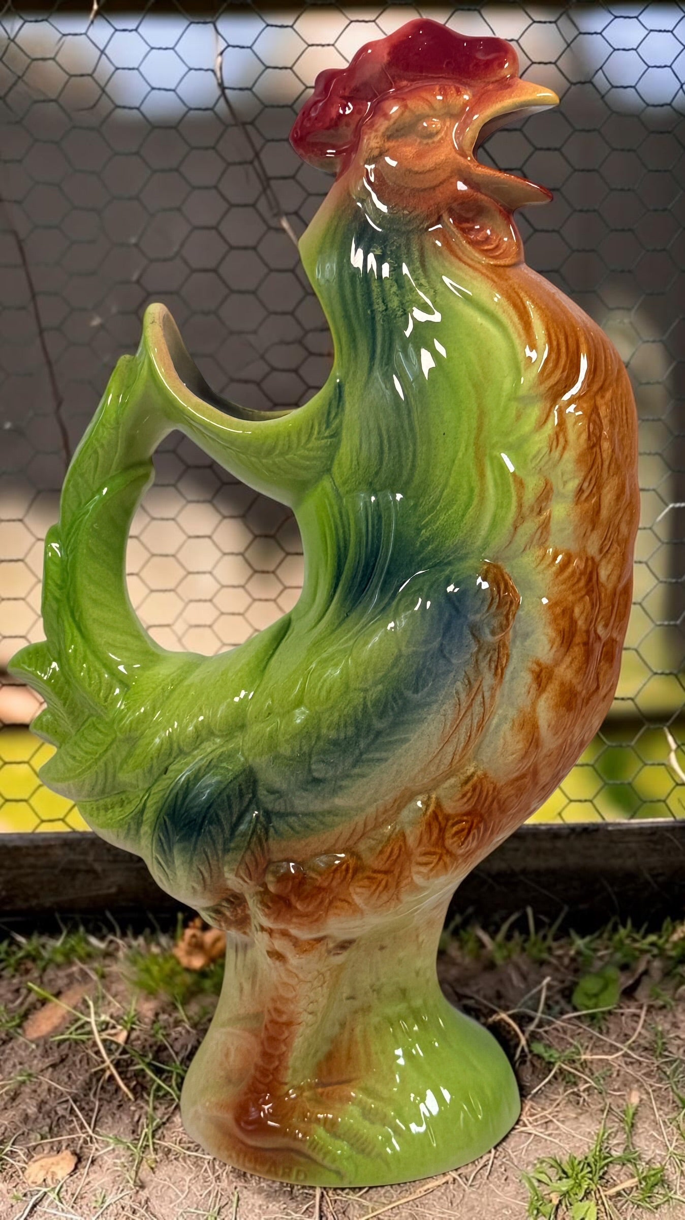 Vintage St Clément France #7516 majolica rooster pitcher, 13.5” tall. Colourful French barbotine ceramic collectible and absinthe pitcher.