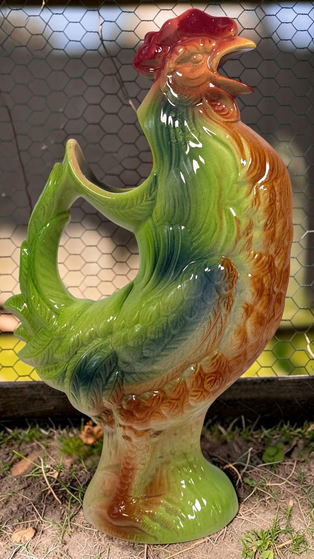 Vintage St Clément France #7516 majolica rooster pitcher, 13.5” tall. Colourful French barbotine ceramic collectible and absinthe pitcher.