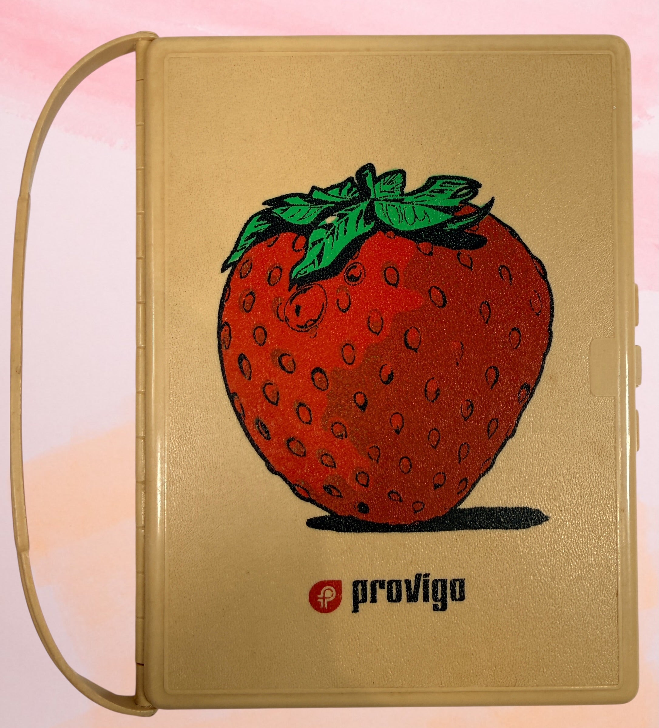 Vintage Provigo Mémo-rette grocery checklist board with strawberry logo. Quebec 1970s reusable sliding shopping planner in excellent condition