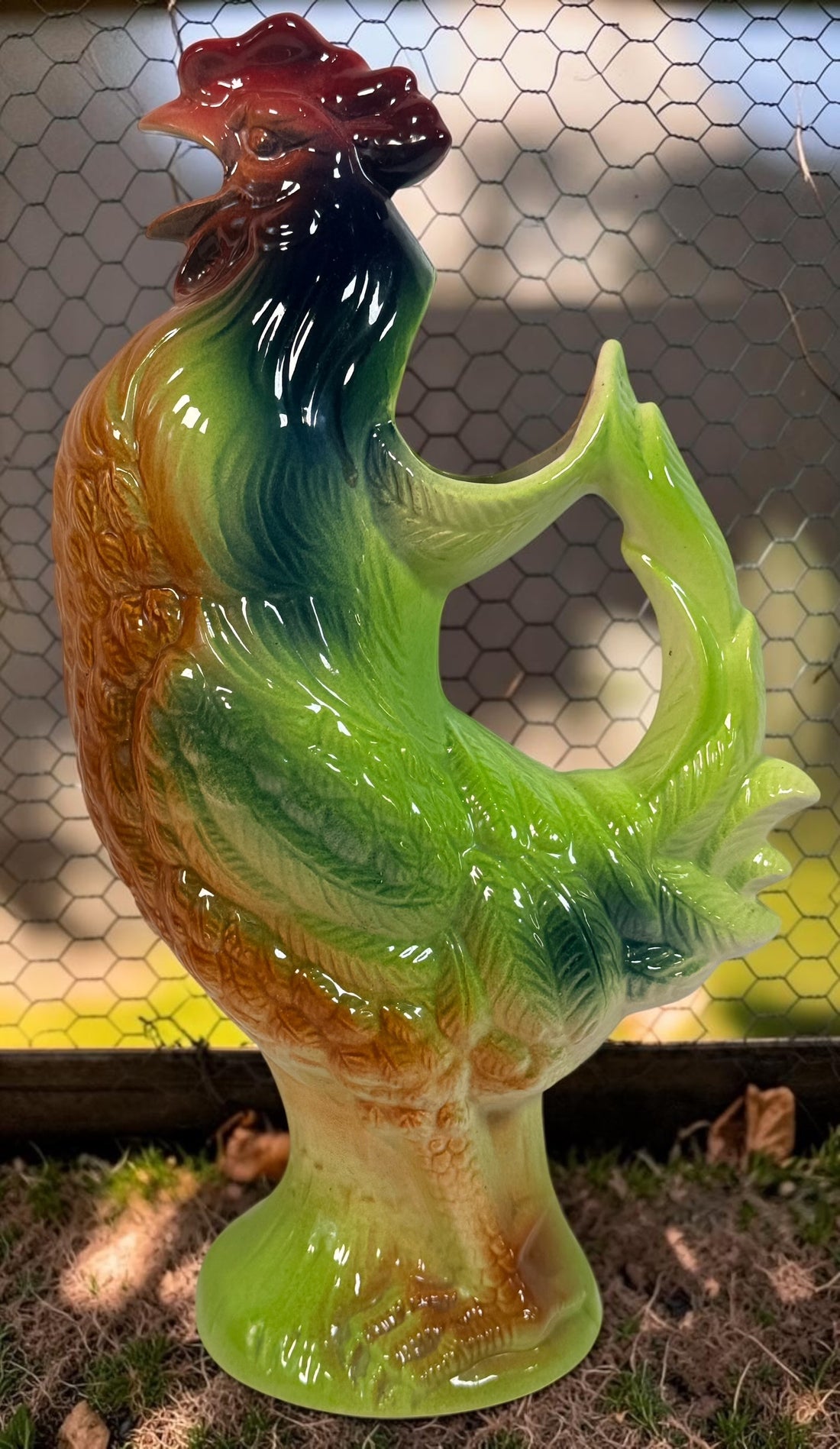 Vintage St Clément France #7516 majolica rooster pitcher, 13.5” tall. Colourful French barbotine ceramic collectible and absinthe pitcher.