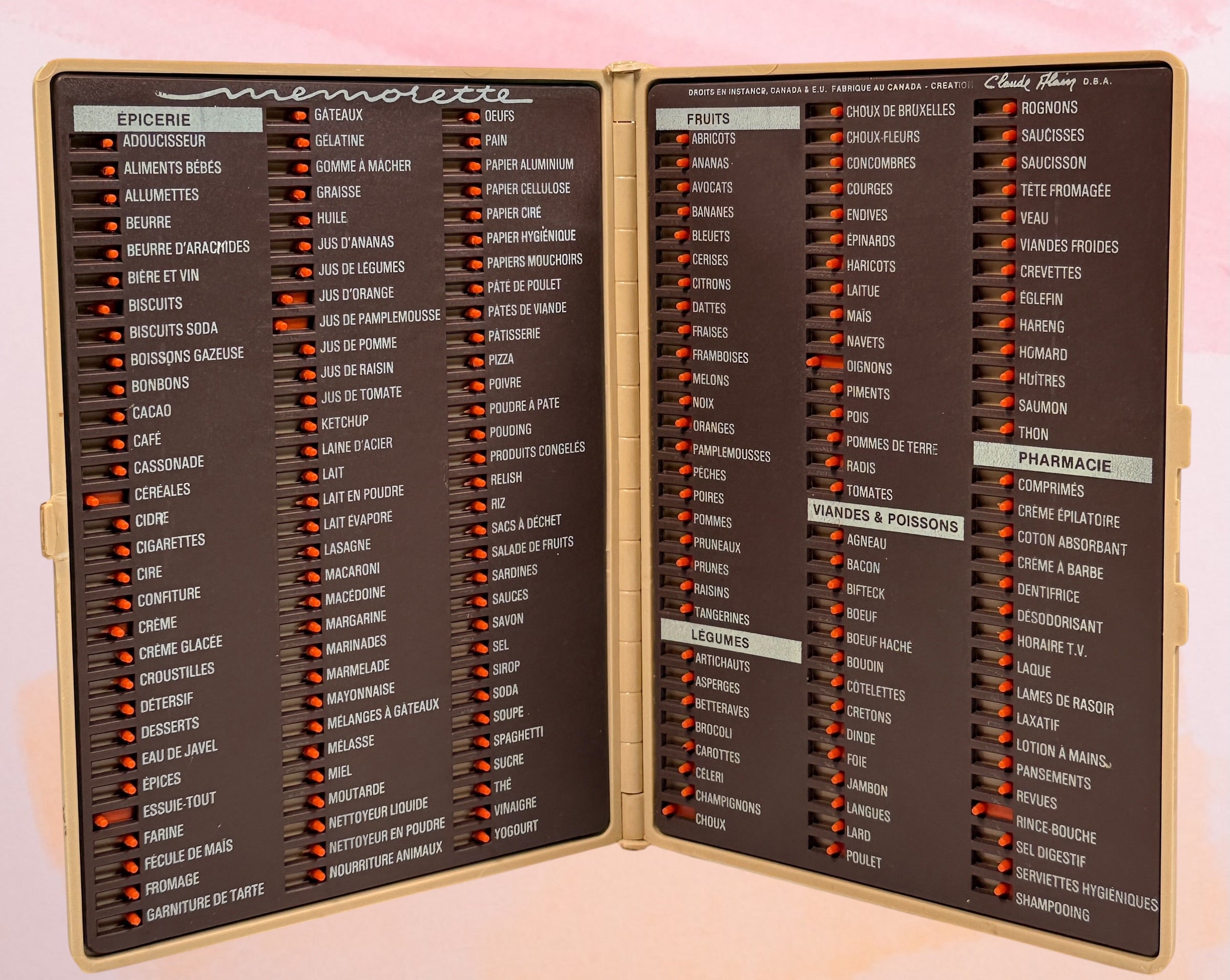 Vintage Provigo Mémo-rette grocery checklist board with strawberry logo. Quebec 1970s reusable sliding shopping planner in excellent condition