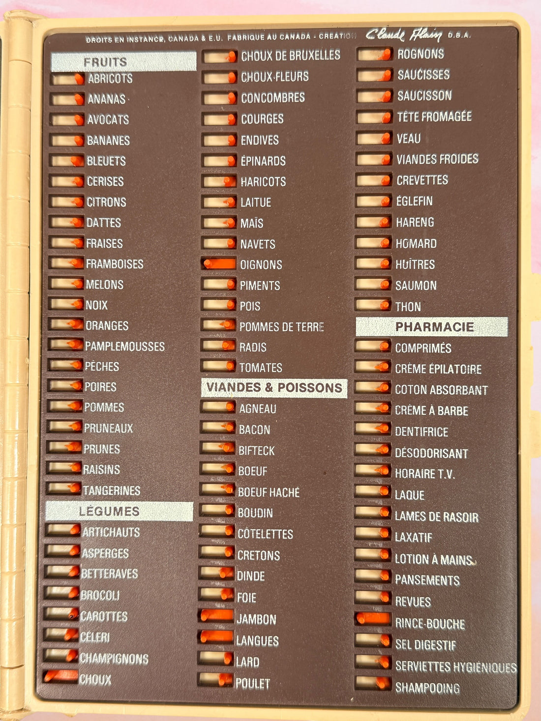 Vintage Provigo Mémo-rette grocery checklist board with strawberry logo. Quebec 1970s reusable sliding shopping planner in excellent condition