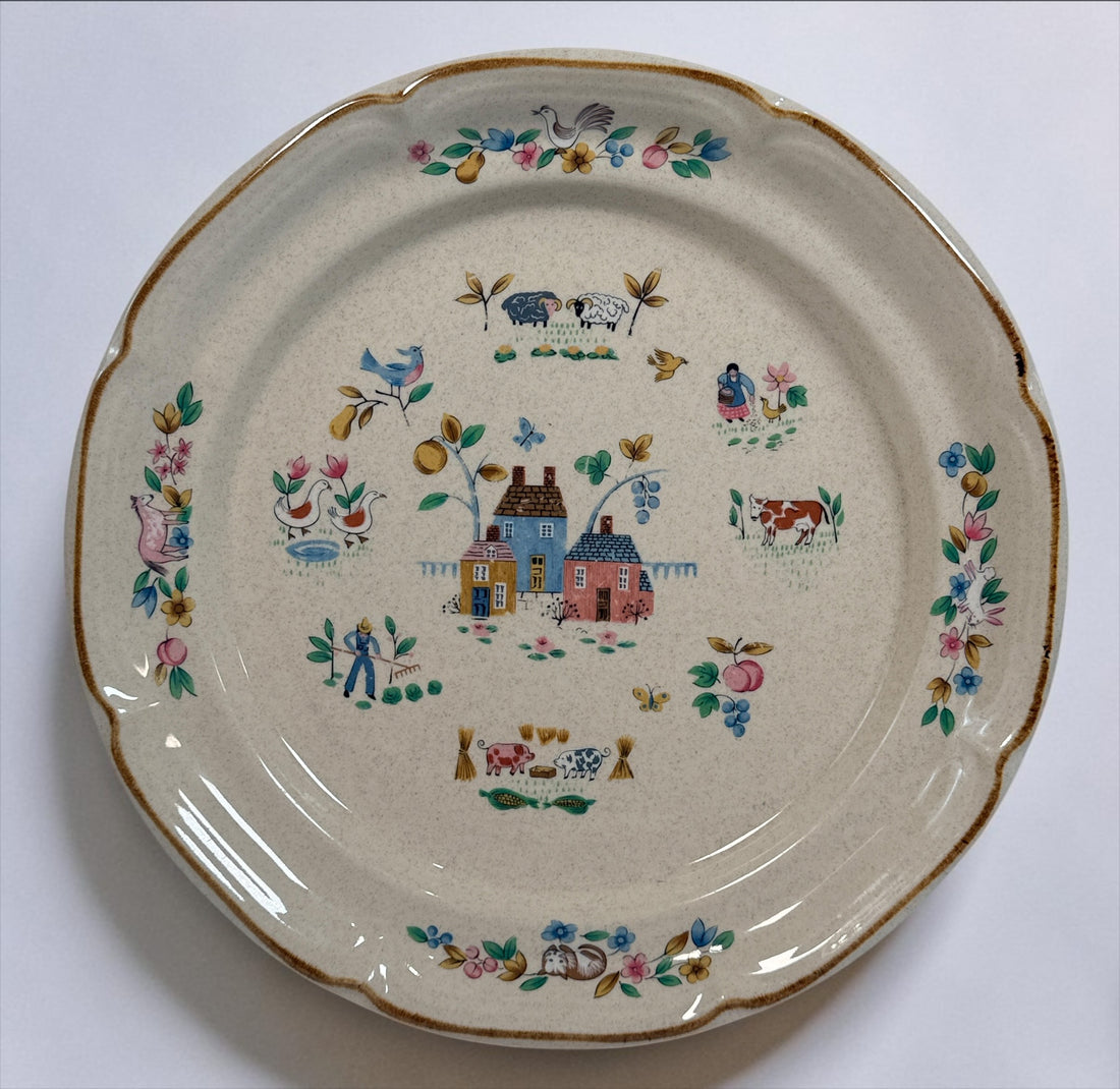 Vintage International China Heartland 7774 stoneware serving platter, made in Japan with colourful farmhouse, animal and floral design. 4 available.