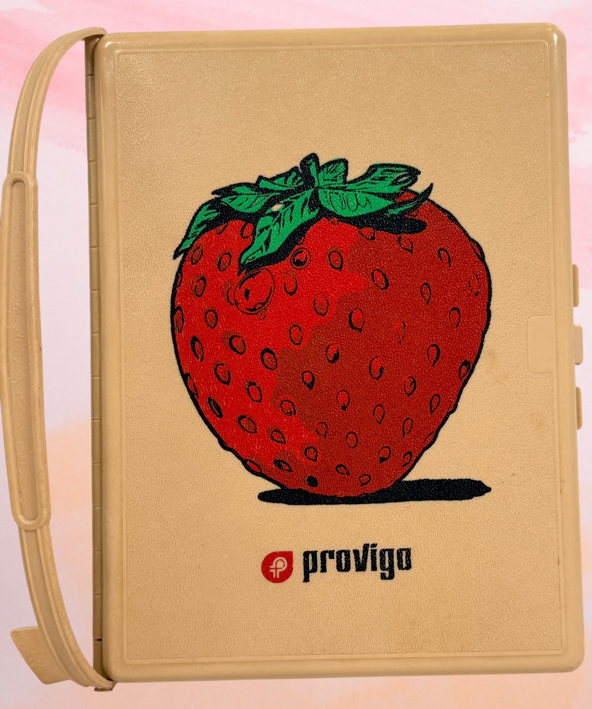 Vintage Provigo Mémo-rette grocery checklist board with strawberry logo. Quebec 1970s reusable sliding shopping planner in excellent condition
